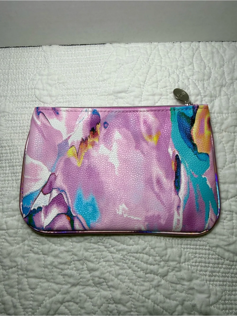 ipsy Pink Marble Cosmetic Pouch with Blue & Yellow Accents